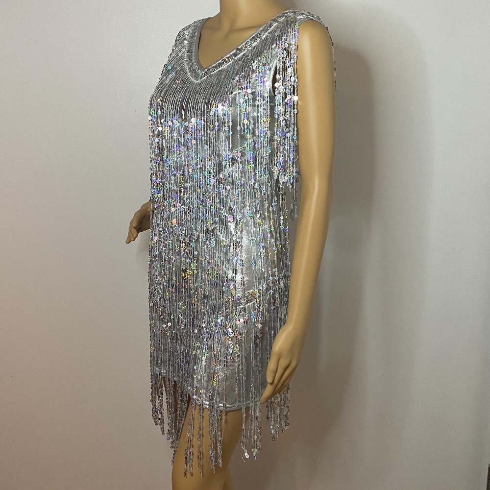 Vintage gatsby silver iridescent sequin fringe mini dress with sequin v neck!